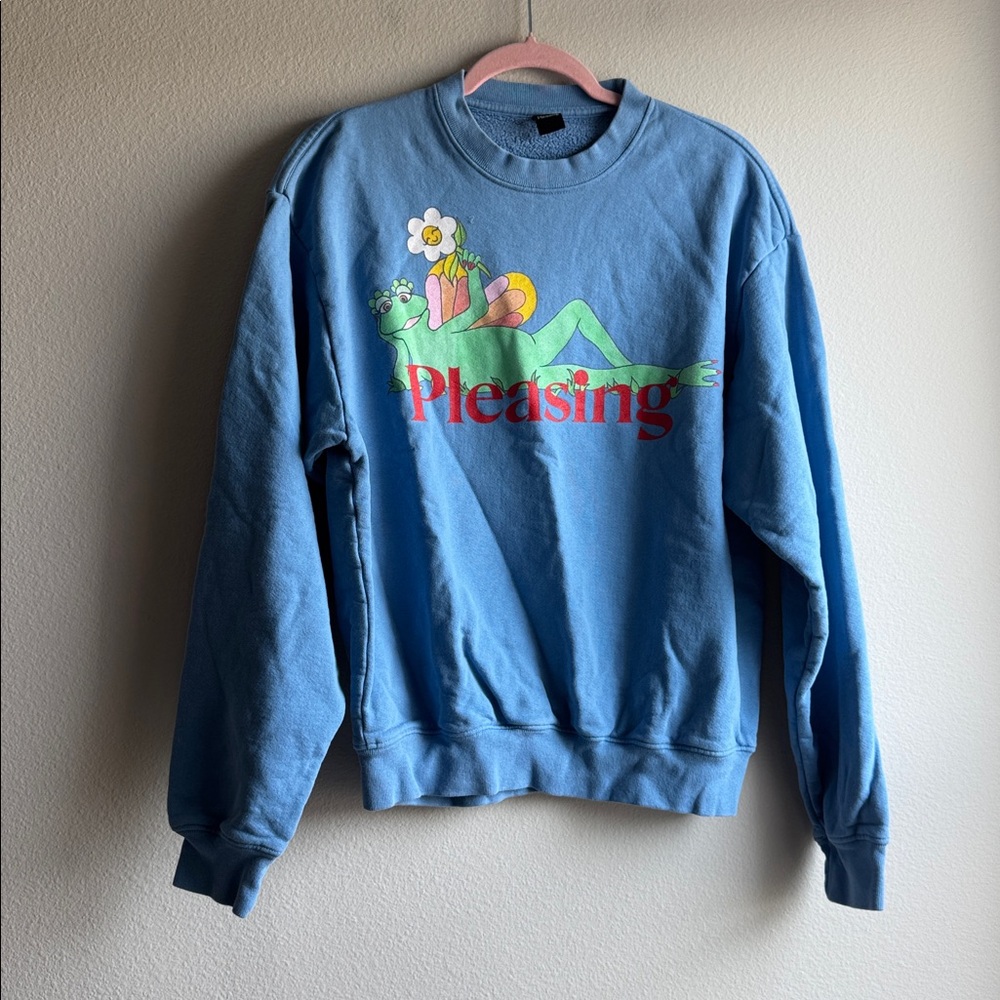 The Pleasing Frog Flower Crewneck Sweatshirt Adult Size Medium Sky Blue Cotton - Picture 2 of 5